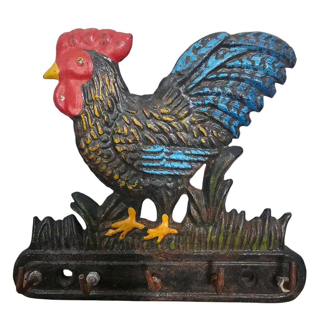 Vintage Cast Iron Rooster Key Holder Boho Rustic Cottage Farmhouse Bird Country
